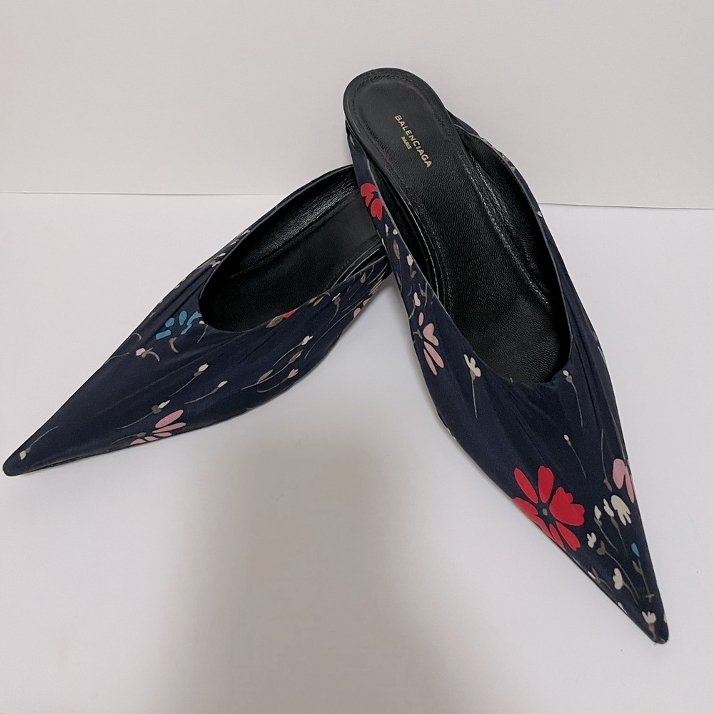 Balenciaga Navy Floral Pointed Knife Mules